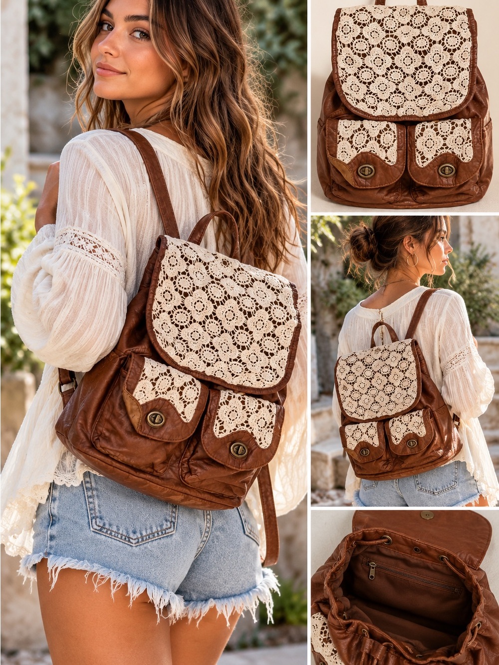 NWOT Boho Crochet Flap Brown Leather Backpack - Women's Casual Bag